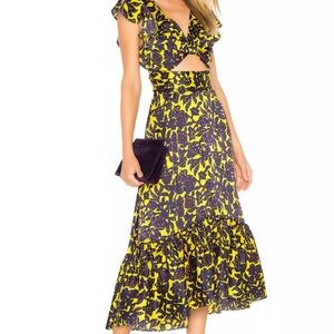 A.L.C Yellow Purple Valencia Cut-Out Silk Midi